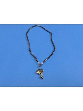 Hematite Magnetic Necklace Black Gunmetal Beaded Dolphin Pendant Rhinestone Eye